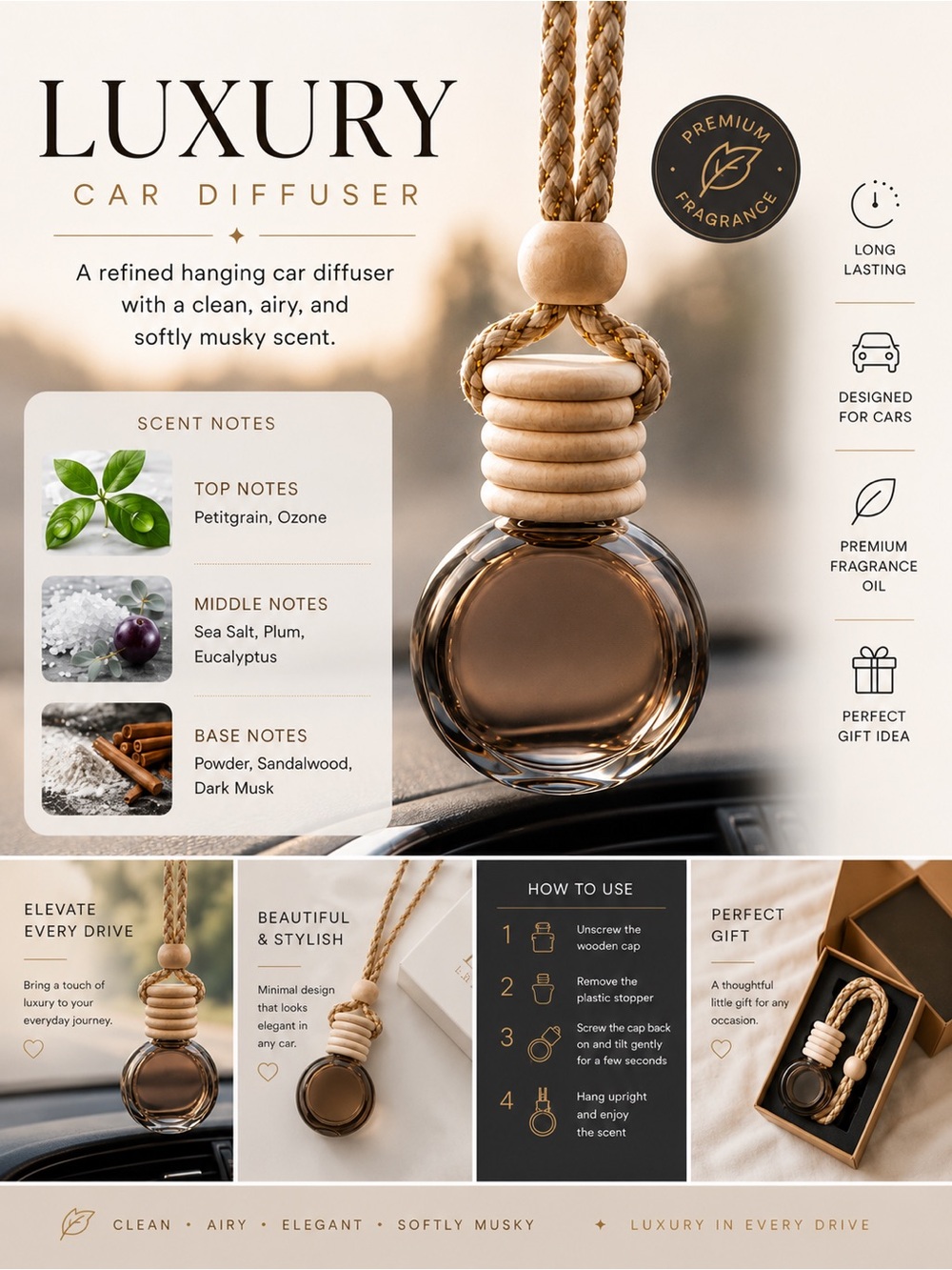 LUXURY Car Diffuser | Clean Musk Sandalwood Hanging Car Fragrance